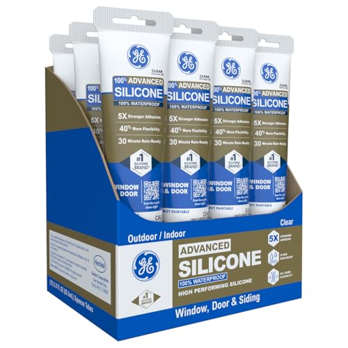GE Advanced Silicone Caulk for Window & Door, Clear, 2.8 fl oz Tube, 12 Pack - 100% Waterproof Silicone Sealant, 5X Stronger Adhesion, Freeze & Sun Proof - size: Pack of 12, style: Clear