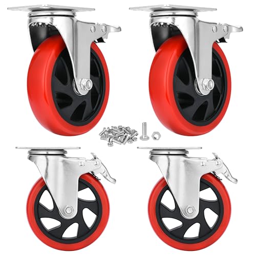 5 Inch Casters Set of 4 Heavy Duty, Lockable Bearing Plate Caster Wheels with Brakes, Swivel Casters No Noise 360-degree with Polyurethane Wheels for Cart, Furniture,Workbench,Cabinet