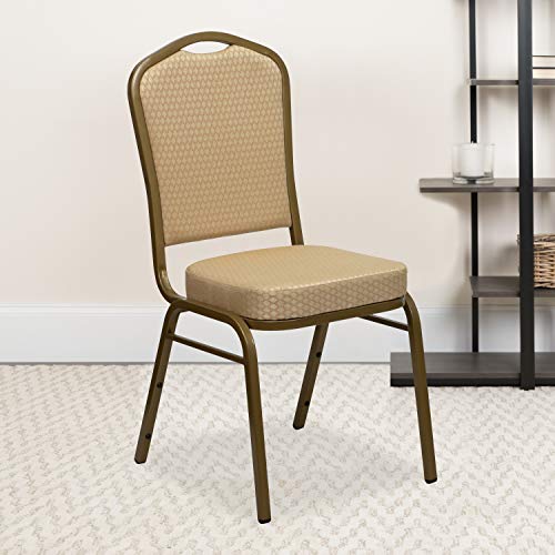 EMMA + OLIVER Beige Patterned Fabric Crown Back Stacking Banquet Chair - color: Beige Patterned Fabric/Gold Frame
