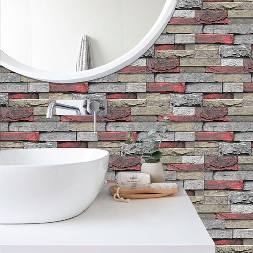 Alwayspon 24Pcs 12x6inch Peel&Stick Wall Sticker Vinly Wallpaper, Waterproof Backsplash for Kitchen Bathroom, Self-Adhesive Tile Transfers Decal Stick on Tiles with Red Stone Brick Effect - color: Fg-l13, size: 24 Pcs