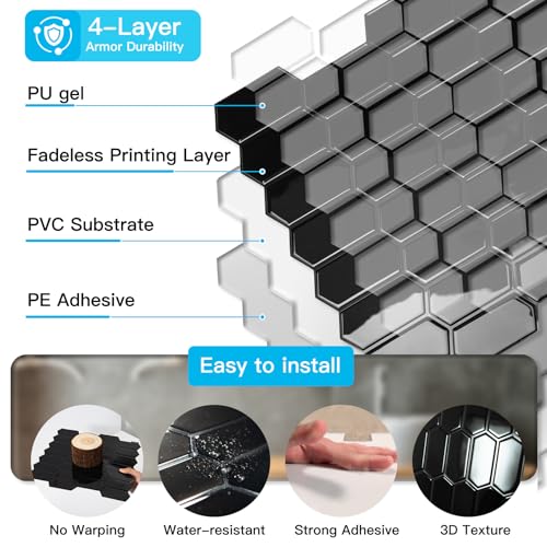 Art3d Hexagon Tile Peel and Stick Backsplash, 10-Pack, 12 x 12 Inch, Black - color: Black, size: 12 x 12 Inch
