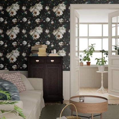 Laatse Dark Black Floral Wallpaper Peel and Stick 17.5" × 118" - color: Black/White, size: 17.5" x 118"