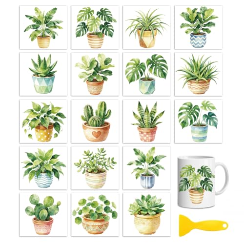 Peacoblue Green Potted Plants Rub On Transfers for Craft, Transfer Sticker - style: Watercolor Potted Green Plants