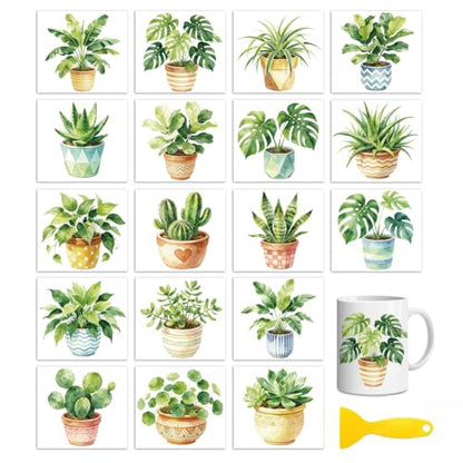 Peacoblue Green Potted Plants Rub On Transfers for Craft, Transfer Sticker - style: Watercolor Potted Green Plants