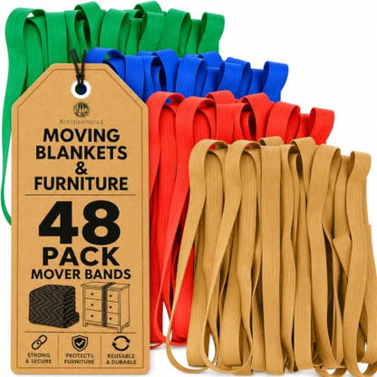 kitchentoolz 48 Pack Mover Bands – Extra Large Rubber Bands for Furniture & Moving Blankets – Heavy-Duty Stretch Bands in 4 Sizes (25", 30", 36", 42") - size: 48-Pack Variety