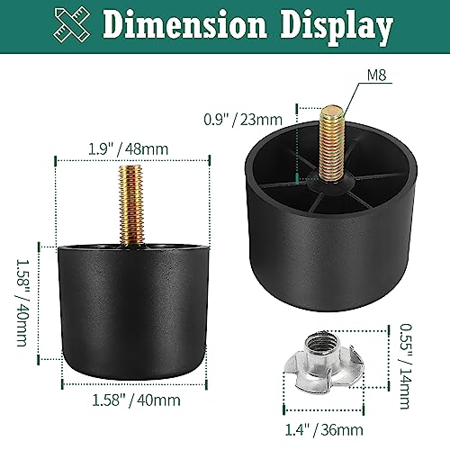 4pcs Plastic Furniture Legs 1-1/2" with T-Nuts, M8-1.25 Bolt - size: 1-1/2 Inch, M8-1.25 Metric Thread Bolts