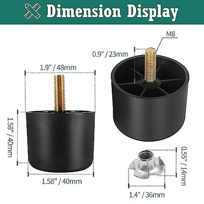 4pcs Plastic Furniture Legs 1-1/2" with T-Nuts, M8-1.25 Bolt - size: 1-1/2 Inch, M8-1.25 Metric Thread Bolts