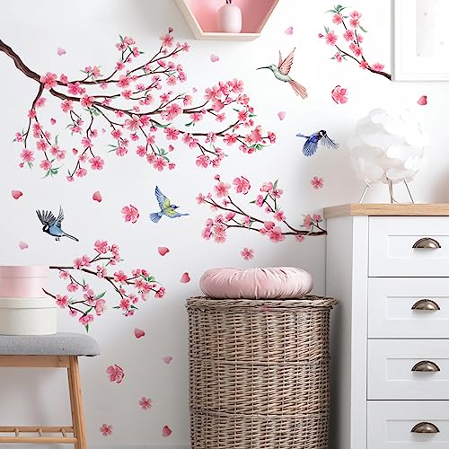 iMagitek Large Cherry Blossom Wall Stickers Pink Flowers Tree Branch Birds Floral Cherry Blossom Wall Decals for Bedroom Living Room Sofa TV Background - style: Cherry Blossom