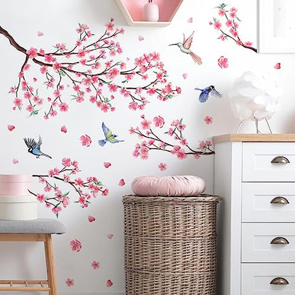 iMagitek Large Cherry Blossom Wall Stickers Pink Flowers Tree Branch Birds Floral Cherry Blossom Wall Decals for Bedroom Living Room Sofa TV Background - style: Cherry Blossom