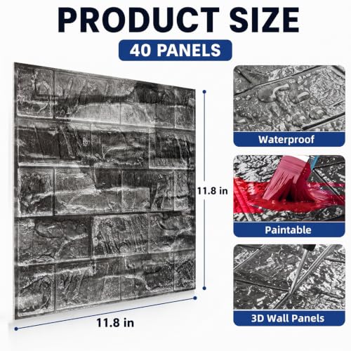 3D Wall Panels Peel and Stick Faux Foam Brick Wallpaper Covering - color: Rock Black, size: 40 Pcs
