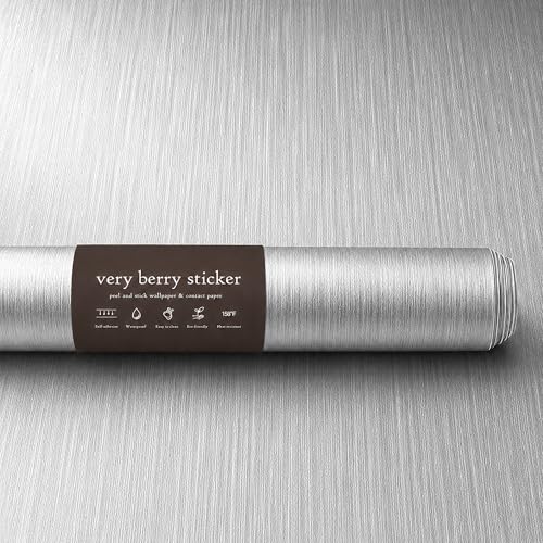 Very Berry Sticker Brushed Silver Peel and Stick Wallpaper (24" x 118") Metallic Contact Paper for Luxury Home Decor Furniture & Walls, Renter Friendly, Self-Adhesive, Waterproof Vinyl - color: Brushed Silver, size: 24" x 118"