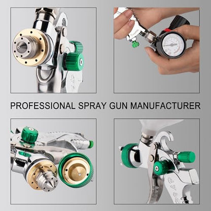 Professional HVLP Spray Gun, 1.4/1.7/2.0mm Nozzle HVLP High Atomization Flow Adjustable Pneumatic Gravity Spray Gun(Green) - color: 2008-1.4set-green