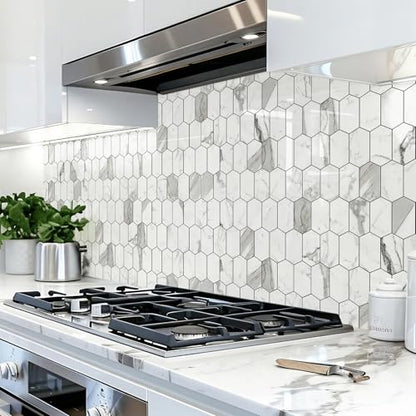 Vamos Tile Long Hexagon Peel and Stick Backsplash Tile - 10 Sheets Stick on Backsplash for Kitchen and Bathroom 12.4 x 12 Inch Glossy Carrara White PVC Self Adhesive Mosaic Wall Tiles - color: Glossy Carrara White