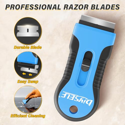 DIYSELF 2 Pack Glass Scraper, Razor Blade Scraper Tool with 10 Spare Blades - color: Blue
