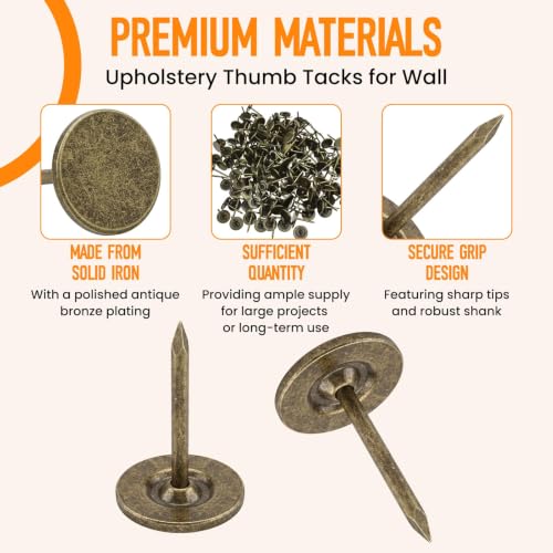 200Pcs 7/16 Inch Upholstery Thumb Tacks for Wall | Industrial Rustic Bronze Pushpins | Long Shank Tacks | for Fastening Carpet, Wooden Doors, Headboards