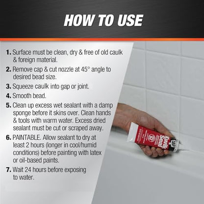 DAP Kwik Seal Kitchen & Bath Adhesive Caulk, White, (7079800954) 2.8 oz (Pack of 6) - size: 2.8 oz (Pack of 6)