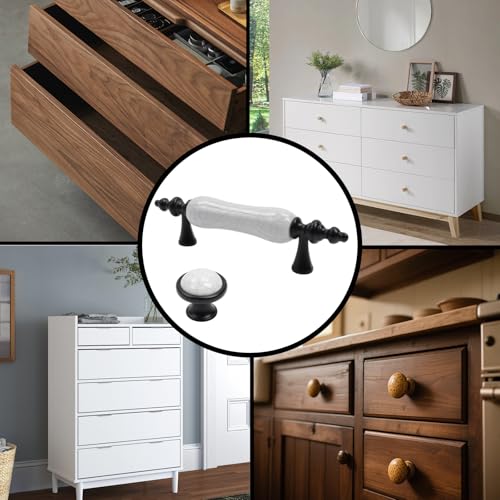 Set of 8 Black & White Ceramic Cabinet Pulls Antique Drawer Knobs