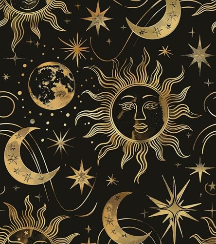 Laatse Celestial Sun Moon Wallpaper Peel and Stick 17.5"x 118",Black/Golden - color: Gold moon, size: 17.5" x 118"