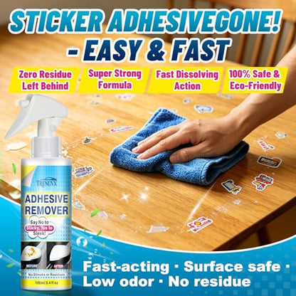Adhesive Remover for Cars, Car Glue & Sticker Remover Spray, Removes Decal, Label & Tape Residue, Safe for Car Paint, Glass, Metal & Plastic, Includes Scraper, Spatula & Towel, 3.4oz/100ml