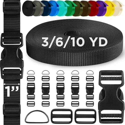 TECEUM 1" Nylon Strap Kit with Buckles, Black 6 yards Repair Set - color: Black, size: 1" - 6 yards, style: 6 Buckle - 12 Slides - 6 D-rind