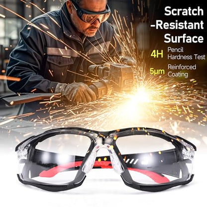 SAFEYEAR Safety Glasses Anti Fog Scratch Resistant ANSI Z87.1 CE Protective Eyewear with Foam Gasket Adjustable Strap - color: Black & Red