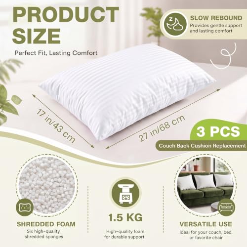Leinuosen 3 Pcs 17x27 Shredded Memory Foam Couch Back Cushion Replacement - size: 17 x 27 Inch