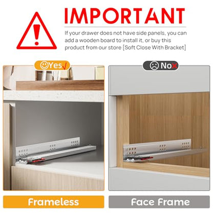 22 Inch Soft Close Undermount Drawer Slides for Frameless, 100lb,1 Pair - size: 22 Inch