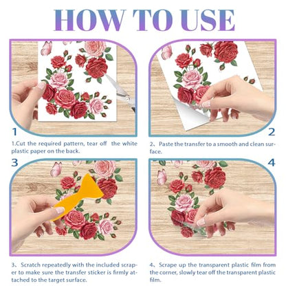GLOBLELAND 4 Sheets Roses Flowers Corners Furniture Transfers Stickers 6x12inch Pink Roses Rub on Transfer UV Self-Adhesive Stickers Wall Art Craft for Bedroom Living Room Table Decoration