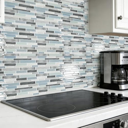 LONGKING Self-Adhesive Kitchen Backsplash, Marble Look Decorative Tiles (10 Tiles) - color: Blue