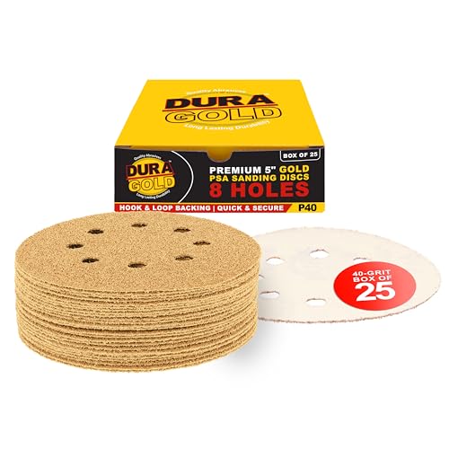 Dura-Gold 5" Gold Sanding Discs, 40 Grit, Box of 25, 8 Hole Pattern, H & L - size: 40-Grit - Gold