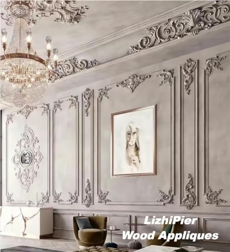 2Pcs Wood Carved Onlays Flower Long Appliques, Unpainted Ornate Details Wooden Carvings Decals for Door Cabinet Wall Bed Dresser Fireplace Ceiling Cupboard Stairs European Decor, 40x5cm/15.75x1.97in - size: 40x5cm/15.75x1.97in
