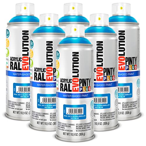 PINTY PLUS Water Based Spray Paint, 11oz, Low GWP Propellant, Low Odor, Gloss Blue Wood, Metal, Glass, Ceramics, Terra Cotta, Plastic, Pack of 6 - color: Sky Blue