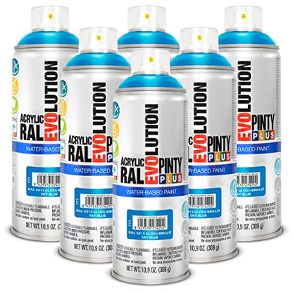 PINTY PLUS Water Based Spray Paint, 11oz, Low GWP Propellant, Low Odor, Gloss Blue Wood, Metal, Glass, Ceramics, Terra Cotta, Plastic, Pack of 6 - color: Sky Blue