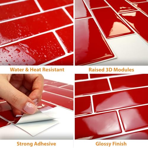 WALPLUS Premium 12 Sheets Peel and Stick Kitchen Backsplash Tile Stickers Self Adhesive Stick on Subway Tile 12" x 6" Bathroom Backsplash Water Heat Resistant 3D Wall Tiles Red Glossy - color: Red, size: 12" x 6"_12-SHEET
