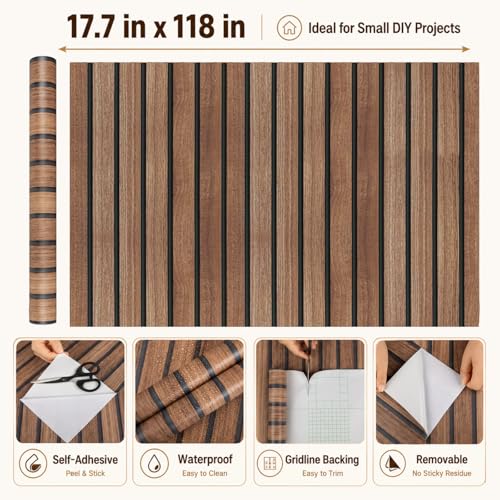 Wood Slat Peel and Stick Wallpaper Brown Wood Panel Wallpaper for Bedroom - color: Brown, size: 17.7" x 118"