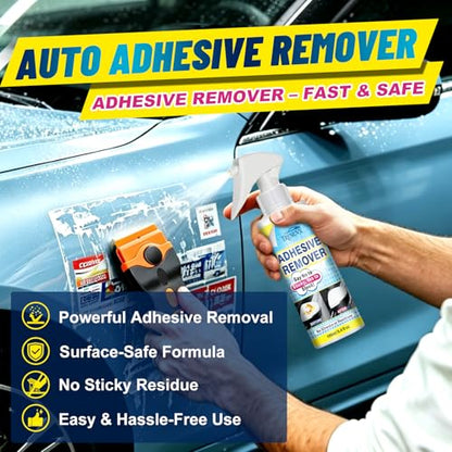 Adhesive Remover for Cars, Car Glue & Sticker Remover Spray, Removes Decal, Label & Tape Residue, Safe for Car Paint, Glass, Metal & Plastic, Includes Scraper, Spatula & Towel, 3.4oz/100ml