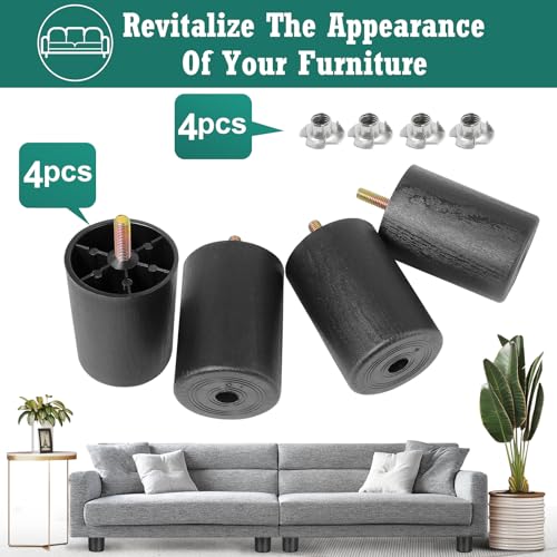 4pcs Plastic Furniture Legs 3" with T-Nuts, M8-1.25 Thread Bolt - size: 3 Inch, M8-1.25 Metric Thread Bolts