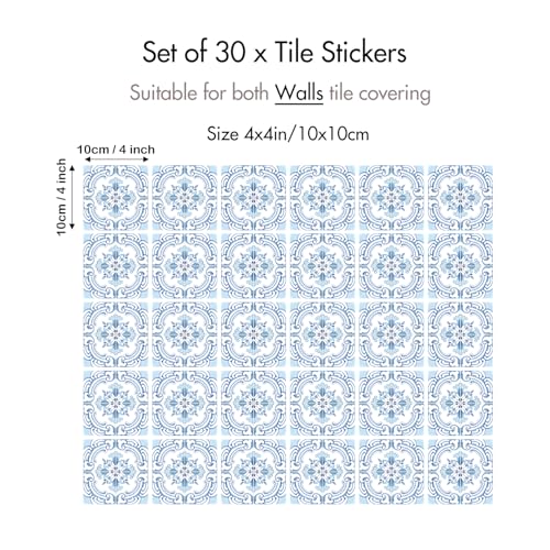 30 Pack, 4x4 Inch Classic Portuguese Azulejo Tile Decals, Blue and White Peel and Stick Vinyl for Backsplash, Stairs & Furniture (Light Blue) - color: Light Blue