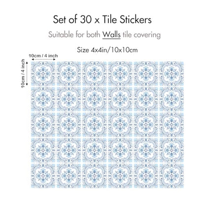 30 Pack, 4x4 Inch Classic Portuguese Azulejo Tile Decals, Blue and White Peel and Stick Vinyl for Backsplash, Stairs & Furniture (Light Blue) - color: Light Blue