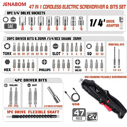 JENABOM Electric Screwdriver, 3.6V Cordless Drill, 44pcs Bit Set - color: Black