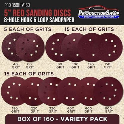 ProductionShop 5" Red 8-Hole Pattern Sanding Discs, 160 Disc Variety Pack, Grits 40, 60, 80, 100, 120, 150, 180, 220, 320, 400, 600, 800 - Hook & Loop Sandpaper, Random Orbital Sanders - Woodworking - style: Variety Pack 160