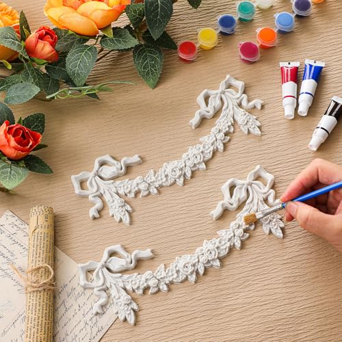 Roowest 2 Pcs Bow Carved Appliques Onlays White PVC Appliques for Furniture Decorative 3D Roses Carved Onlay DIY Decorative for Cabinet Dresser Bed Door Wall Wardrobe Ceiling - style: Bow