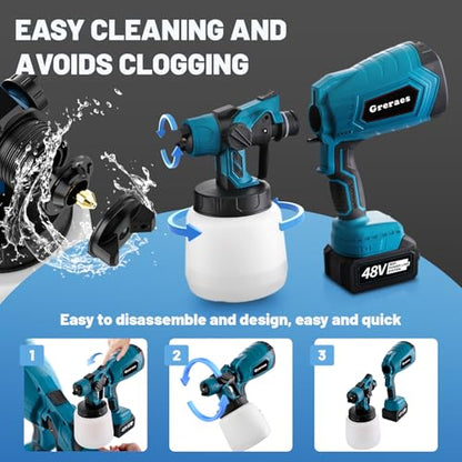 Cordless Paint Sprayer with 2 * 48v Batteries, Hvlp Electric Paint Sprayer Gun with 1000ml Container, 3 Patterns, Hand Held Paint Sprayer for House Painting, Cabinets, Walls, DIY Projects