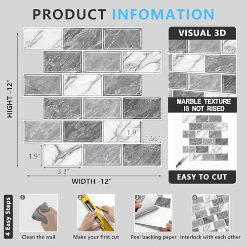 URCOLOR 10-Sheet Peel and Stick Backsplash Tile Sticker for Kitchen,12"x12" Self Adhesive Subway Wall Tiles Stick on Back Splashes for Bathroom White Gray Marble Design - color: White Gray Marble