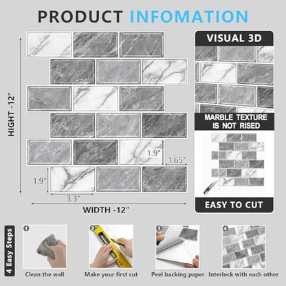 URCOLOR 10-Sheet Peel and Stick Backsplash Tile Sticker for Kitchen,12"x12" Self Adhesive Subway Wall Tiles Stick on Back Splashes for Bathroom White Gray Marble Design - color: White Gray Marble