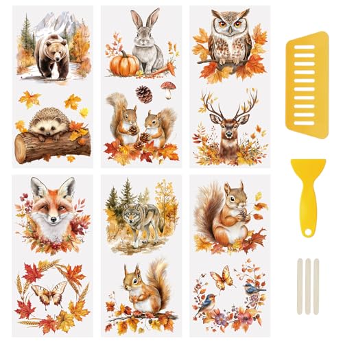 WANDIC 6 Sheets Rub On Transfer Stickers, Autumn Animals Theme Decals Waterproof Stickers for DIY Postcard Furnitures Albums Photos Deocr, 15 * 30cm - color: Autumn Animals