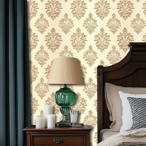 HOMETITUTE Beige Gold Damask Peel Stick Wallpaper 118.1x17.7 Inch Vinyl - color: Gold Damask on Beige Background