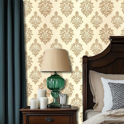 HOMETITUTE Beige Gold Damask Peel Stick Wallpaper 118.1x17.7 Inch Vinyl - color: Gold Damask on Beige Background
