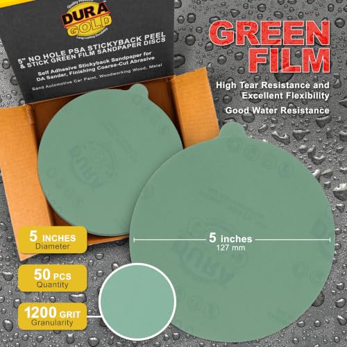 Dura-Gold Premium 5" Green Film PSA Sanding Discs - 1200 Grit (Box of 50) - size: 1200-Grit