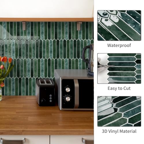 10 Sheet Long Hexagon Peel and Stick Backsplash Tile, 12"x12" 3D Adhesive Glossy Marble Vinyl Stick on Wall Tiles for Bathroom, Kitchen, Living Room (DarkGreen, 12" x 12") - color: Darkgreen